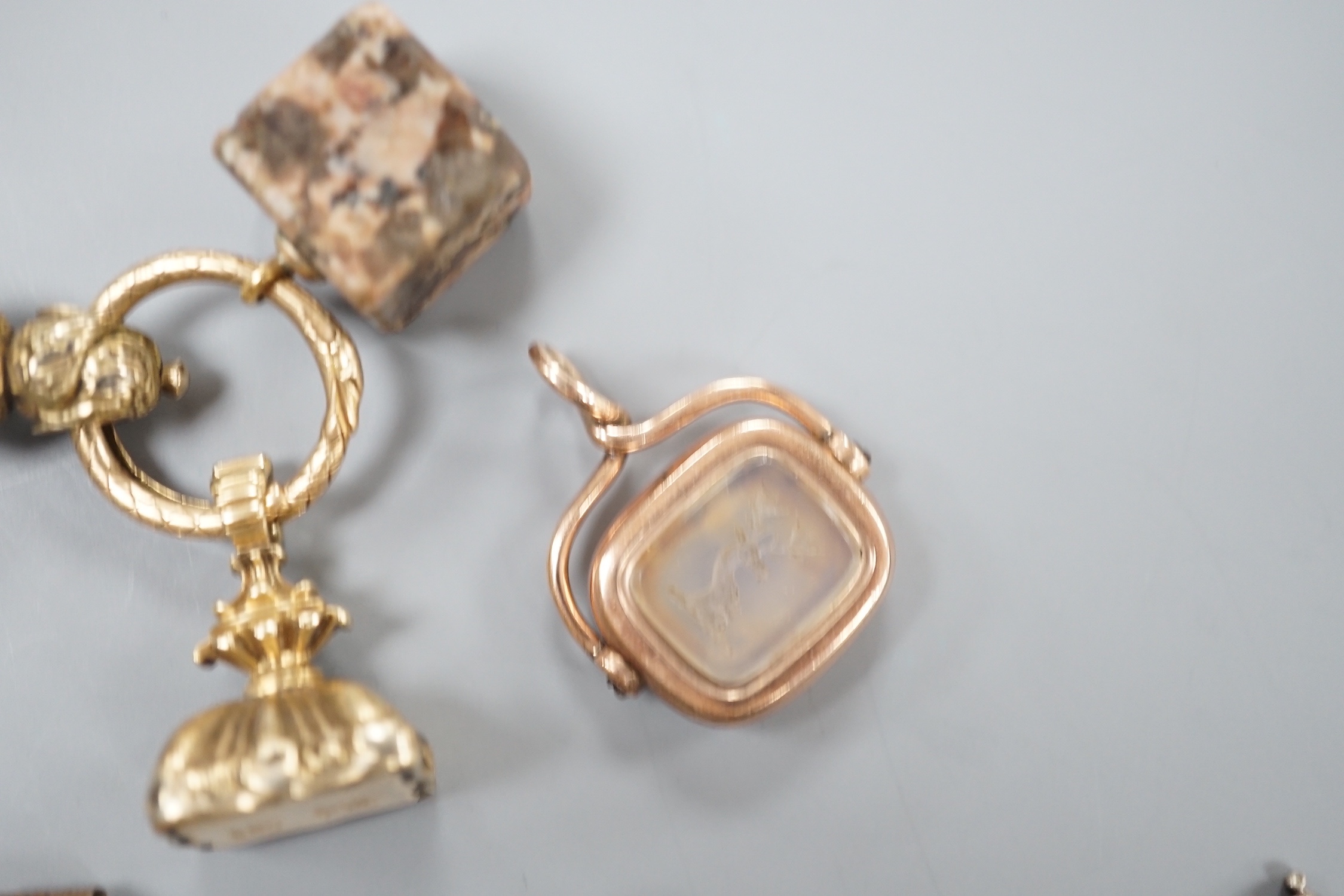 Six assorted Victorian and later mainly carnelian set fob seals including yellow metal overlaid and silver, largest 33mm.